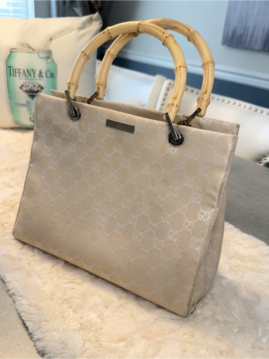 Gucci Handbags - Gucci GG Canvas Bamboo Handle Tote Ivory Beige Vintage Italy